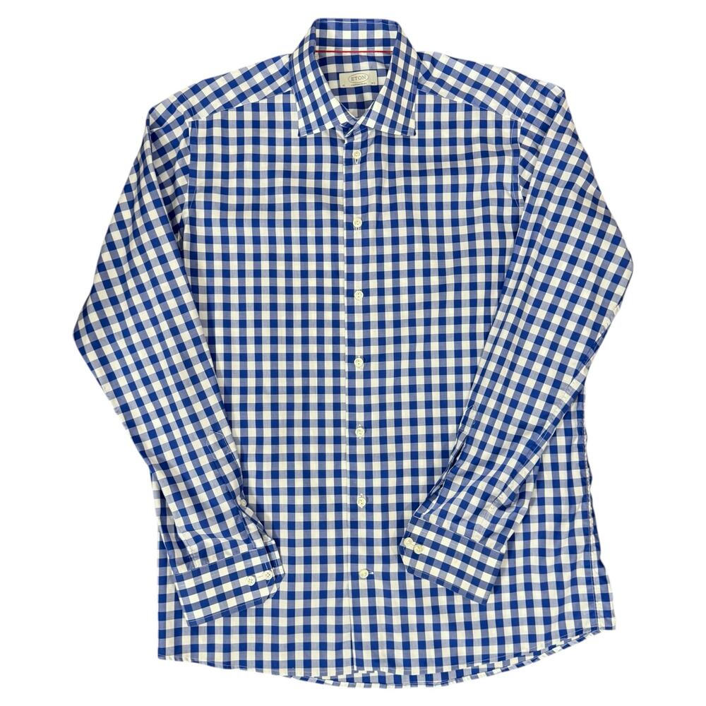 Eton Contemporary Mens Size 42/16.5 Long Sleeve Checkered Button Down Blue White